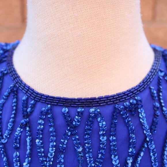 Laurence Kazar Silk Dress Womens SP Royal Blue Sequined Beaded Cocktail 90s - Picture 3 of 15